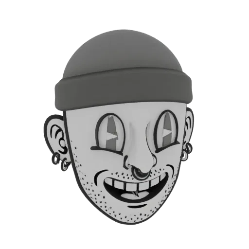 3D-Modell eines Cartoon-Kopfes mit Mütze, Nasenring und Ohrringen, großen Augen und breitem Lächeln.