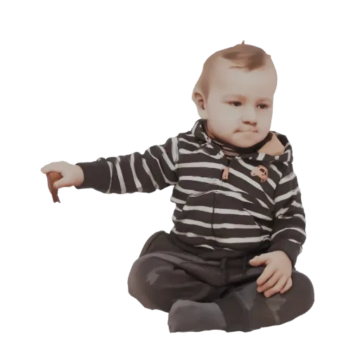 3D model of a baby sitting cross-legged, wearing a striped hoodie and dark pants, pointing with their right index finger.