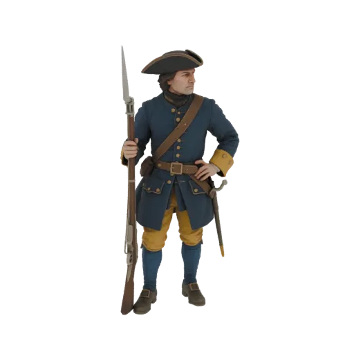 Modelo 3D de un soldado carolino con uniforme azul, portando un mosquete con bayoneta, de pie sobre un fondo blanco.