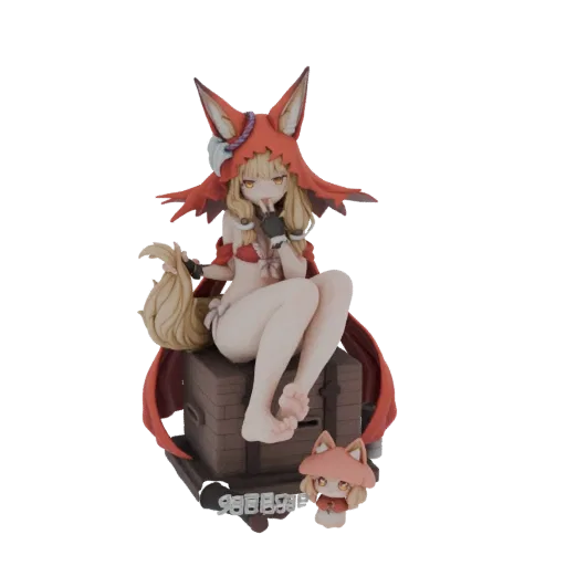3D model of a cute fox spirit girl in a red bikini sitting on a wooden chest, with a small fox companion at her feet.