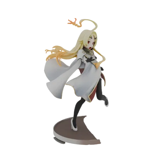 3D model of an anime sorceress with long blonde hair, a white cape, and a dynamic pose, standing on a display base.