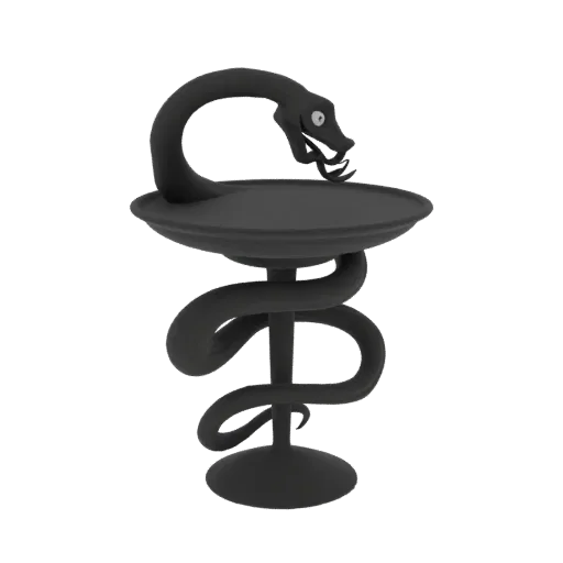 3D model of a black pharmacy snake symbol with a coiled serpent and a bowl, against a white background.