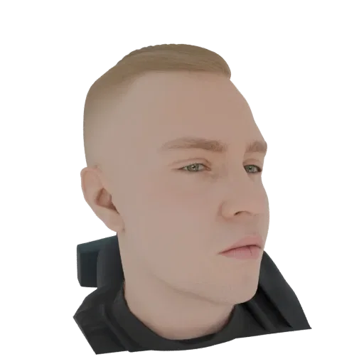 3D render of an AI-generated male head bust with blonde hair, facing right, against a white background.
