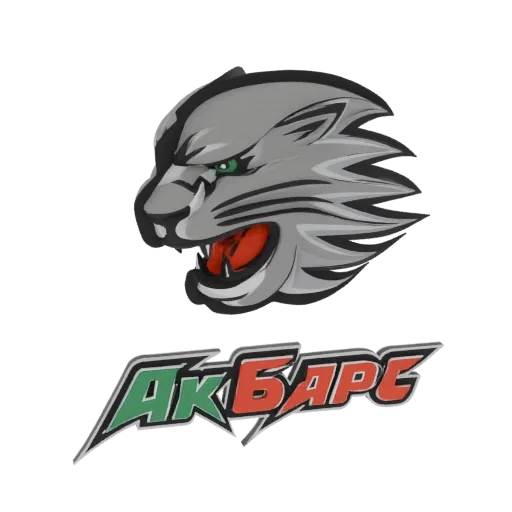 3D model of the Ak Bars hockey team mascot, a grey snow leopard roaring next to the team's green and red logo.
