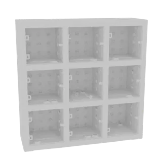 3D model of a white, 3x3 modular cube storage unit with nine open compartments, viewed from a slight angle.