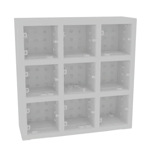 3D model of a white, 3x3 modular cube storage unit with nine open compartments, viewed from a slight angle.