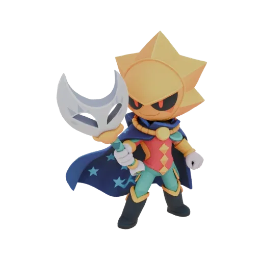 3D model of a stylized Sun God character wearing a star-patterned cape and holding a crescent moon mask.