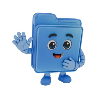 A 3D render of a friendly blue folder character waving with a smile, isolated on a white background.