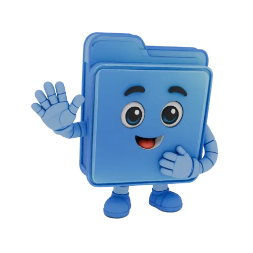 A 3D render of a friendly blue folder character waving with a smile, isolated on a white background.
