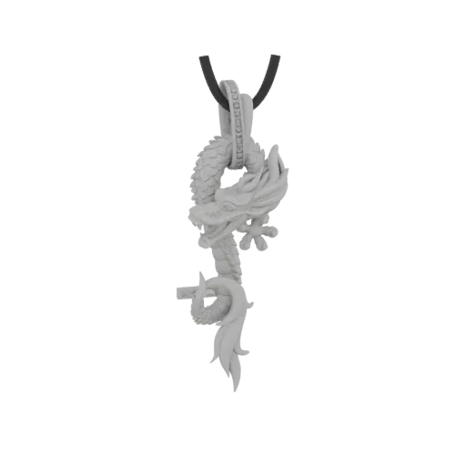 3D-Modell eines grauen Drachenanhängers mit filigranen Schuppen, in dynamischer Pose aufgerollt, an einem schwarzen Band häng
