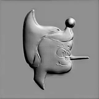 3D model of Pinocchio bas-relief with a long nose, rendered in gray, with clear contours and volumetric details.