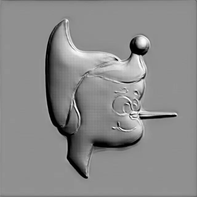 3D model of Pinocchio bas-relief with a long nose, rendered in gray, with clear contours and volumetric details.