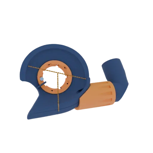 3D model of a blue angle grinder guard with an orange textured handle, featuring a small blue sphere detail.