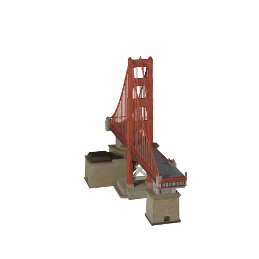 Golden Gate Bridge stylized 3D model, isometric stylized game environment view, showing landmark structure materials and arch