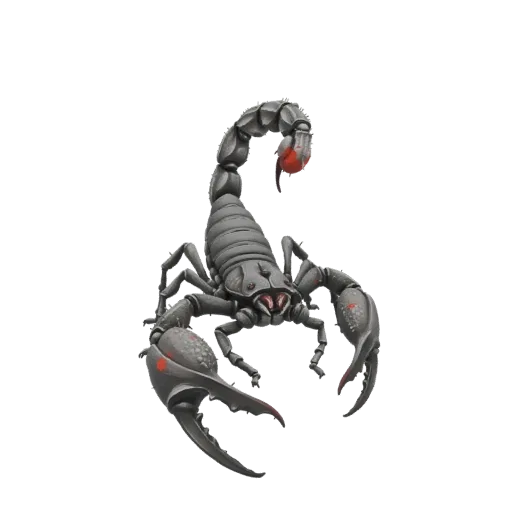 A detailed 3D model of a dark grey scorpion with sharp claws and a segmented tail, featuring bright red accents on its pincer