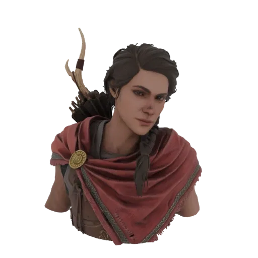 Busto 3D de Kassandra de Assassin's Creed Odyssey, com capa vermelha, cabelo trançado e chifres.