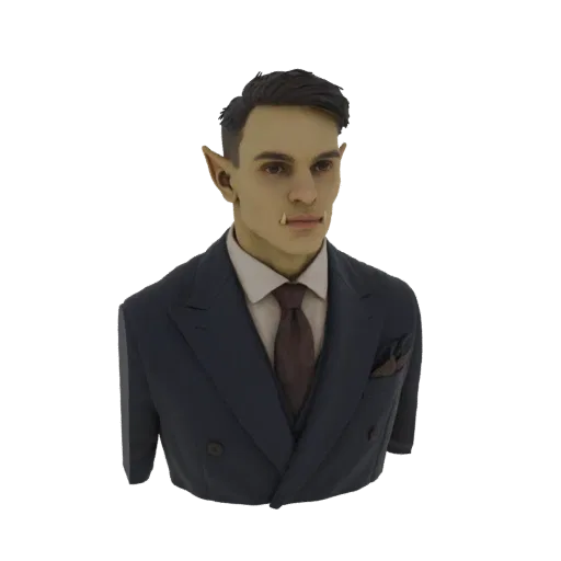 3D-Modell-Rendering eines Ork-Gentlemans in einem dunkelblauen Anzug, weißem Hemd und burgunderroter Krawatte, mit spitzen Oh