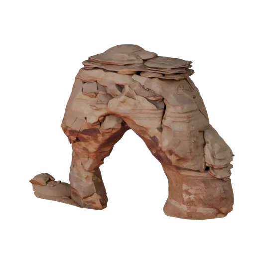 Sandstone Arch Rock High Poly 3D model, close-up cinematic environment render, showing stratified stone, dune ridges.
