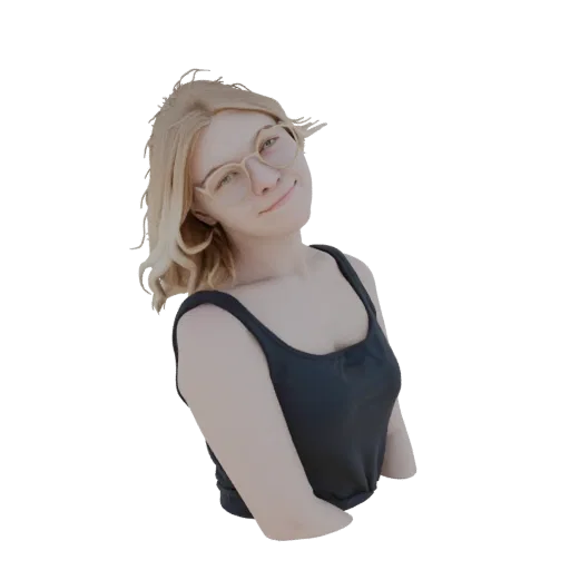 Modello 3D di una giovane donna con capelli biondi, occhiali e canottiera nera, sorridente.