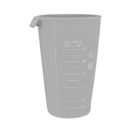 3D model of a translucent grey graduated measuring cup with volume markings and a spout