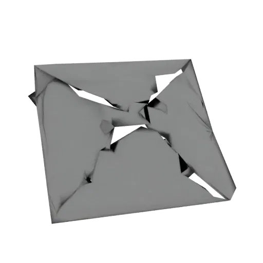 3D render of an abstract geometric sculpture with sharp angles and metallic gray finish, set against a white background.