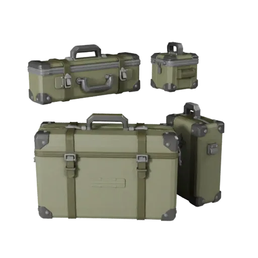 Military Style Travel Suitcase Low Poly 3D model, game viewport three-quarter view, showing plastic, usable openings.