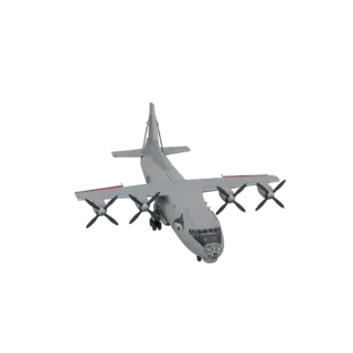 3D model of a grey Antonov An-12 turboprop transport aircraft with four engines, viewed from the front-left.