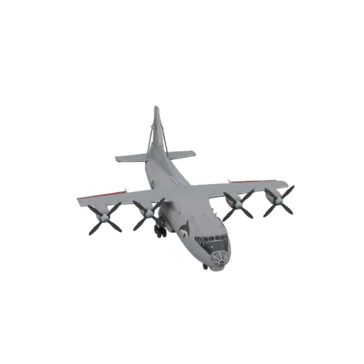 3D model of a grey Antonov An-12 turboprop transport aircraft with four engines, viewed from the front-left.