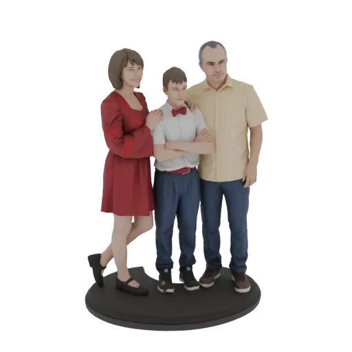 3D model of a family of three, including a mother in a red dress, a father in a yellow shirt, and their son in a white shirt
