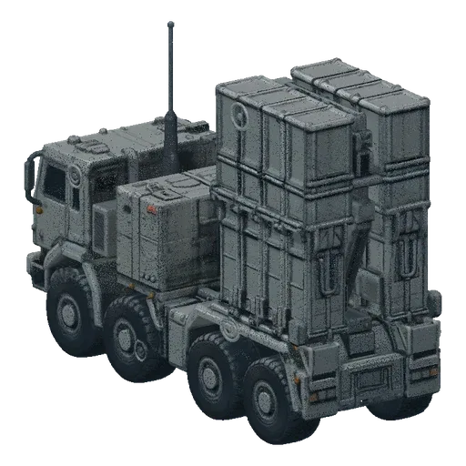 3D model of a grey military missile launcher truck with a large container on the back, shown from a side-front angle on a tex