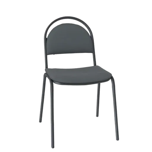 A 3D model render of a modern dark gray stacking chair with a metal frame and upholstered seat and back.