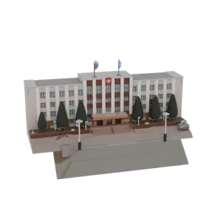 Modelo 3D de un edificio administrativo moderno con dos banderas en el tejado, rodeado de árboles y farolas, sobre un fondo b