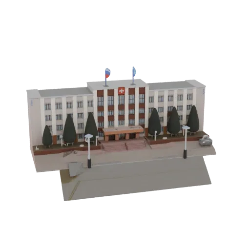 Modelo 3D de un edificio administrativo moderno con dos banderas en el tejado, rodeado de árboles y farolas, sobre un fondo b