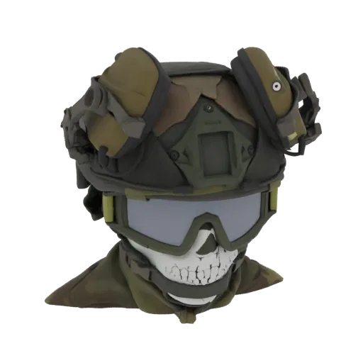 3D model of a tactical helmet with a ghost skull face mask and protective goggles, featuring camouflage patterns.