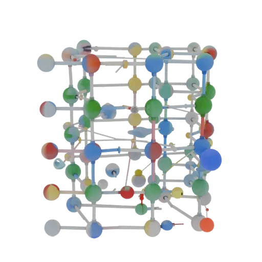 Modelo 3D de Treliça Estilo Cristal, vista de perfil, renderização técnica de viewport, mostrando esferas coloridas, layout d