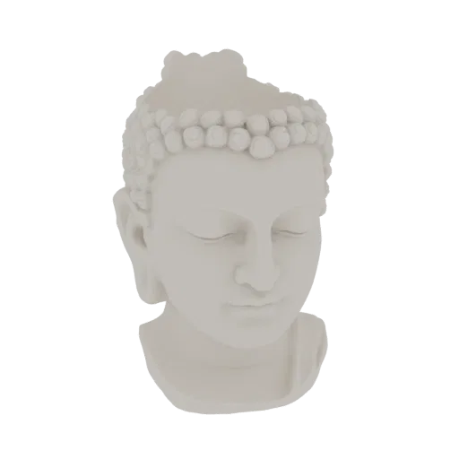 A 3D render of a serene Buddha head bust with closed eyes and intricate hair curls, presented on a white background.