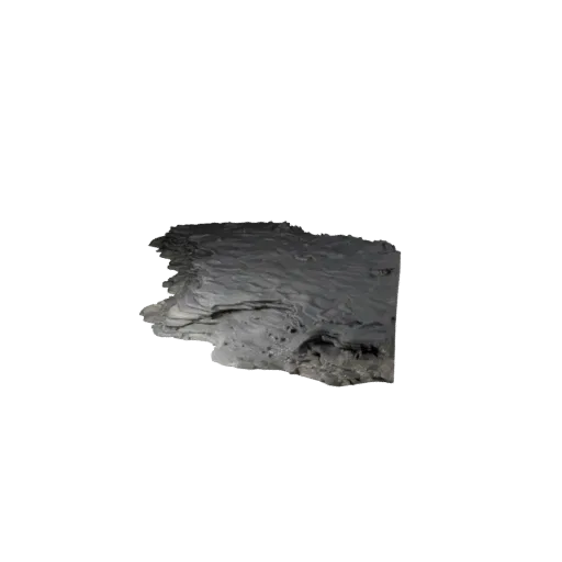 Wet Cave Floor Section High Poly 3D model, close-up cinematic environment render, showing layered soil, built remnants.