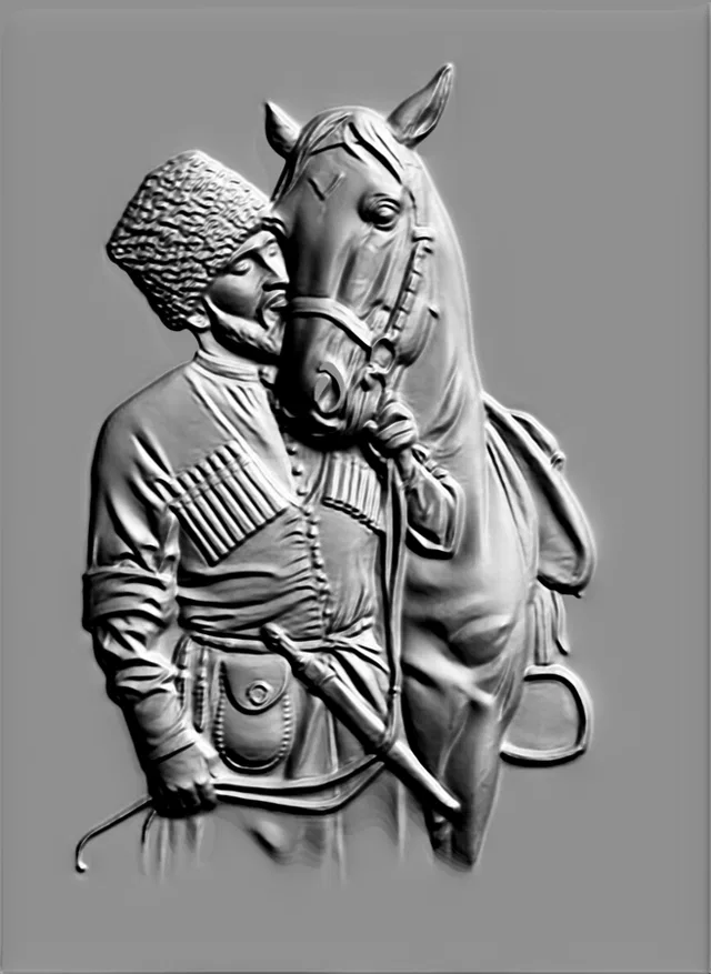 3D model of a Caucasian warrior bas-relief, embracing his horse, in traditional clothing.