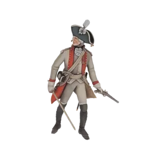 Modèle 3D d'un officier militaire du XVIIIe siècle en uniforme gris, tenant un sabre et un pistolet, avec un chapeau à plumes