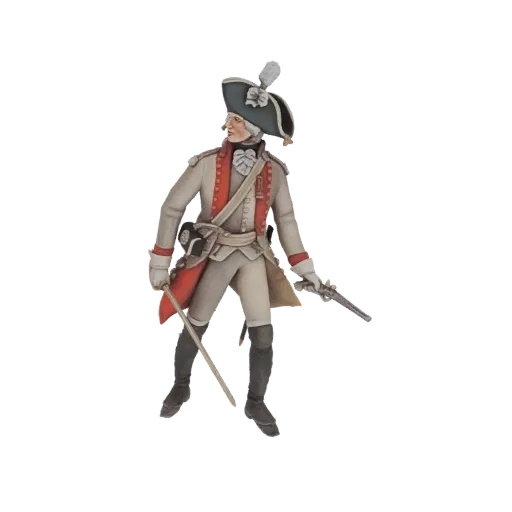 Modello 3D di un ufficiale militare del XVIII secolo in uniforme grigia, con spada e pistola, e cappello piumato.