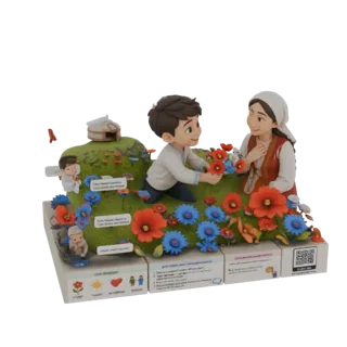 Diorama modèle 3D d'un garçon offrant des fleurs à une femme, avec une yourte et des fleurs colorées sur une colline verte.