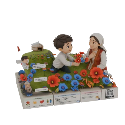3D model diorama of a boy offering flowers to a woman, with a yurt and colorful flowers on a green hill.