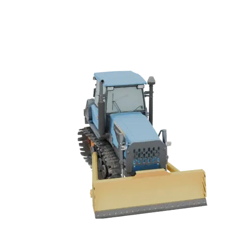 3D model of a light blue crawler tractor with a yellow front blade and tracks, shown from a front-quarter angle.