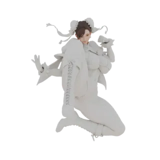 3D model of Chun-Li in a dynamic martial arts pose, with one leg extended and arms raised in a fighting stance.