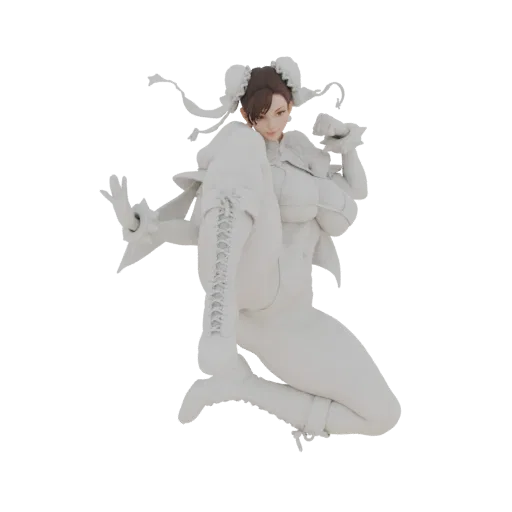 Modelo 3D de Chun-Li em uma pose dinâmica de artes marciais, com uma perna estendida e os braços levantados em uma postura de