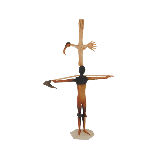 3D model of a rustic shepherd figure holding an axe and balancing a bird on a cross on its head, standing on a textured base.