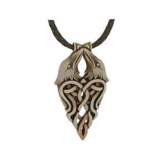 Modelo 3D de pingente com duas cabeças de corvo entrelaçadas formando um nó celta, com cordão de couro trançado.