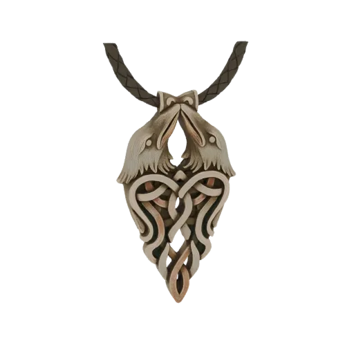 Modelo 3D de pingente com duas cabeças de corvo entrelaçadas formando um nó celta, com cordão de couro trançado.