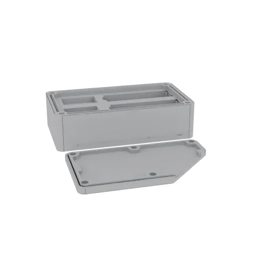 3D render of a gray rectangular enclosure with its hinged lid open, revealing internal compartments and a gasket seal.