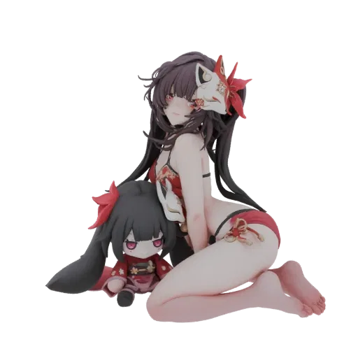 3D model of Hu Tao in a bikini, sitting with her plush toy, featuring a fox mask and red accents.